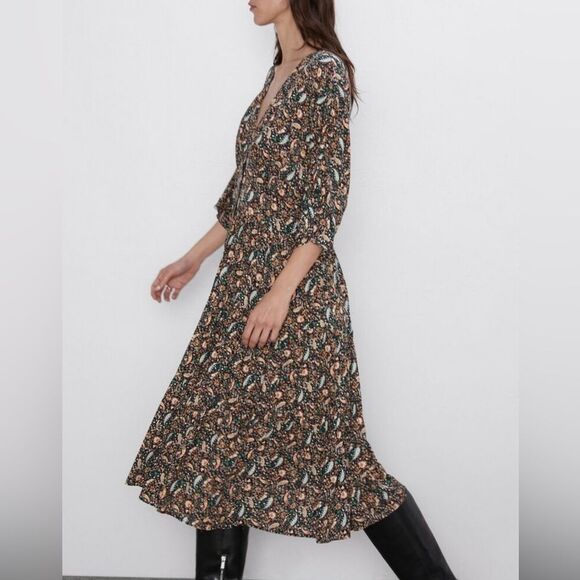 Zara Bohemian Paisley Print V-neck 3/4 Sleeve Midi Dress Size M - Picture 2 of 10